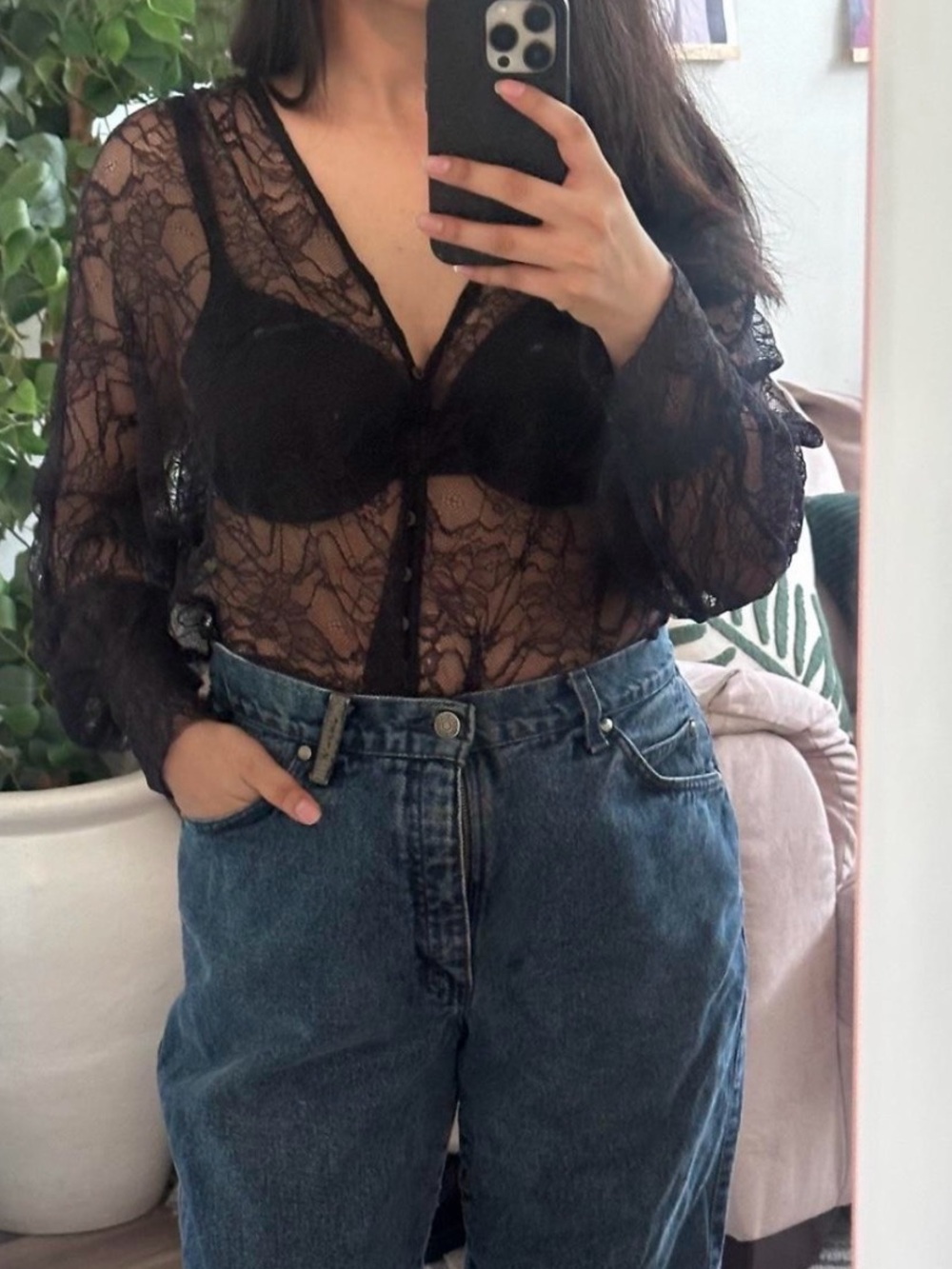 Zara Black Sheer Lace Bodysuit with Button Front